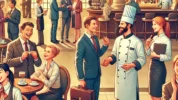 DALL·E 2025 03 18 23 06 42 An illustration depicting professional networking in the hospitality industry The scene shows a diverse group of hotel and restaurant professionals e